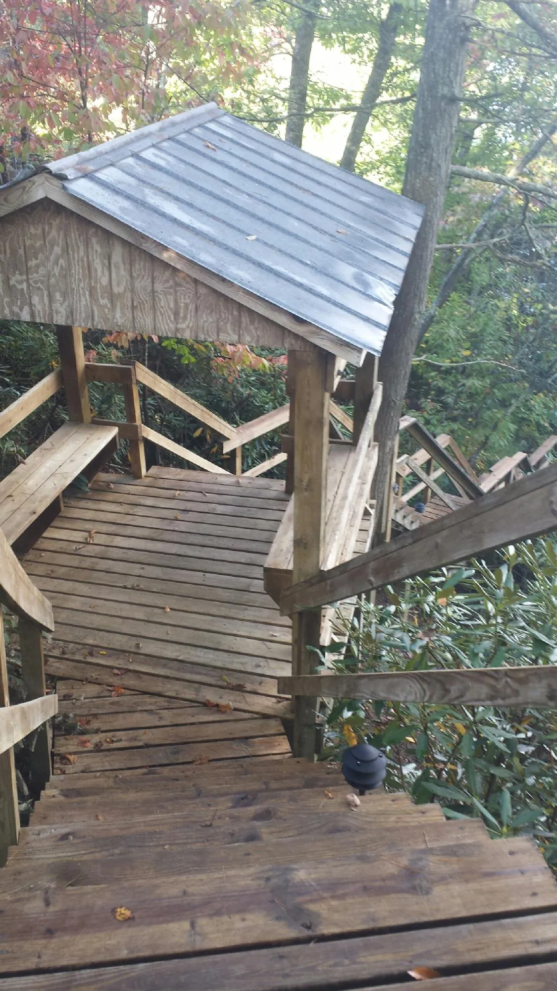 Metal roofed shelter over wooden steps on a wooded walkway — Skylight Repair & Installation work by our crew in Las Animas